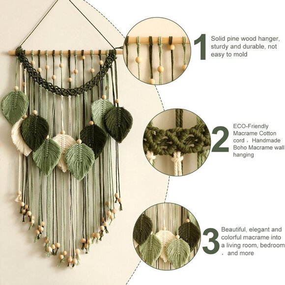Macrame Wall Hanging -Handmade Sage Green Leaf Wall Tapestry,Boho Decorations fo - Picture 4 of 6